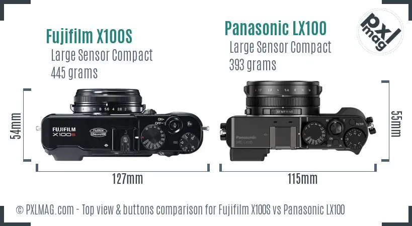 Fujifilm X100S vs Panasonic LX100 top view buttons comparison