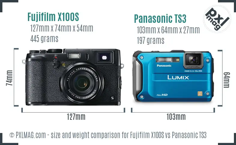 Fujifilm X100S vs Panasonic TS3 size comparison