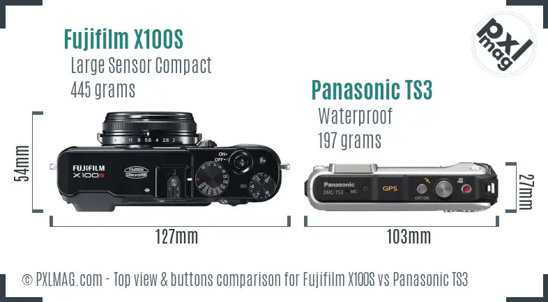 Fujifilm X100S vs Panasonic TS3 top view buttons comparison