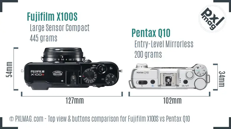 Fujifilm X100S vs Pentax Q10 top view buttons comparison