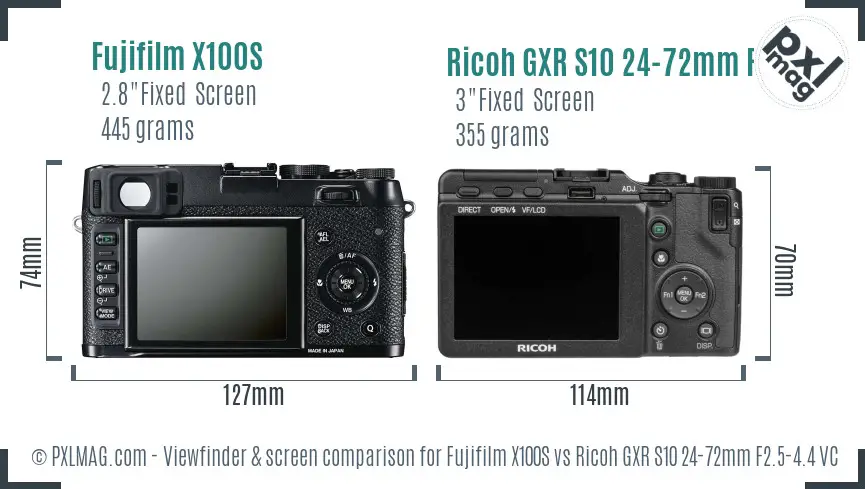 Fujifilm X100S vs Ricoh GXR S10 24-72mm F2.5-4.4 VC Screen and Viewfinder comparison
