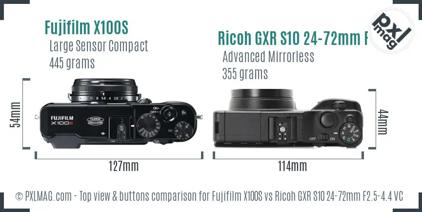 Fujifilm X100S vs Ricoh GXR S10 24-72mm F2.5-4.4 VC top view buttons comparison