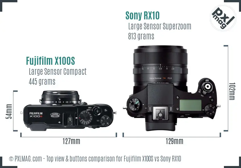 Fujifilm X100S vs Sony RX10 top view buttons comparison