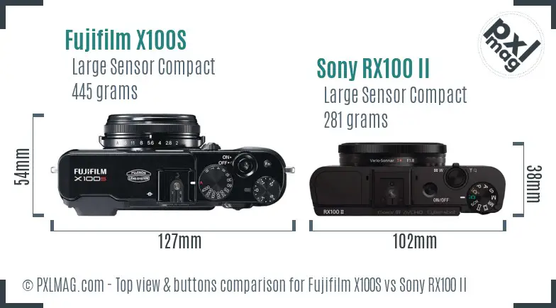 Fujifilm X100S vs Sony RX100 II top view buttons comparison Fujifilm X100S vs Sony RX100 II top view buttons comparison