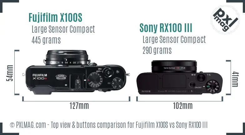 Fujifilm X100S vs Sony RX100 III top view buttons comparison