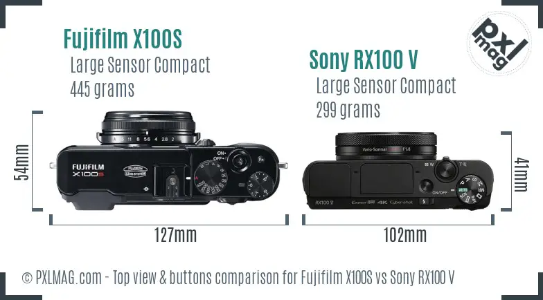 Fujifilm X100S vs Sony RX100 V top view buttons comparison Fujifilm X100S vs Sony RX100 V top view buttons comparison