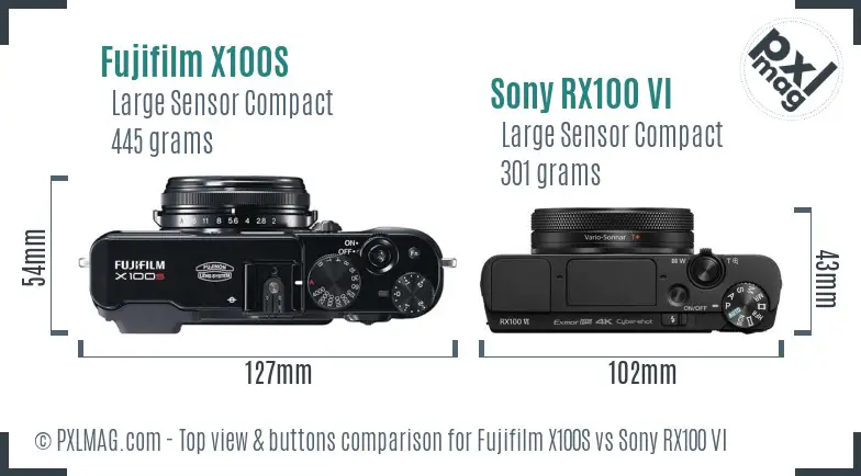 Fujifilm X100S vs Sony RX100 VI top view buttons comparison