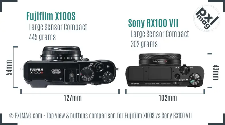 Fujifilm X100S vs Sony RX100 VII top view buttons comparison