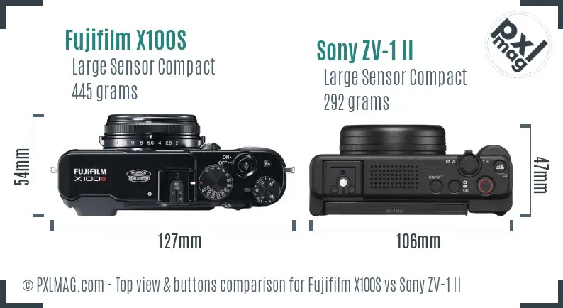 Fujifilm X100S vs Sony ZV-1 II top view buttons comparison