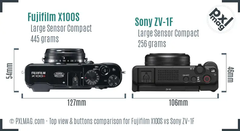 Fujifilm X100S vs Sony ZV-1F top view buttons comparison