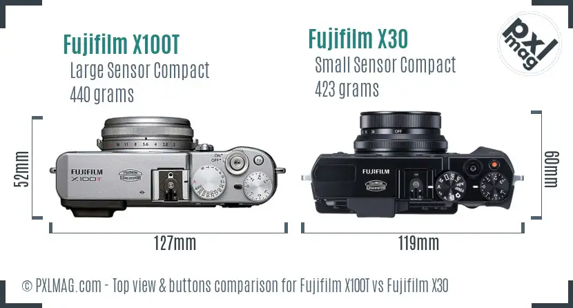 Fujifilm X100T vs Fujifilm X30 top view buttons comparison Fujifilm X100T vs Fujifilm X30 top view buttons comparison