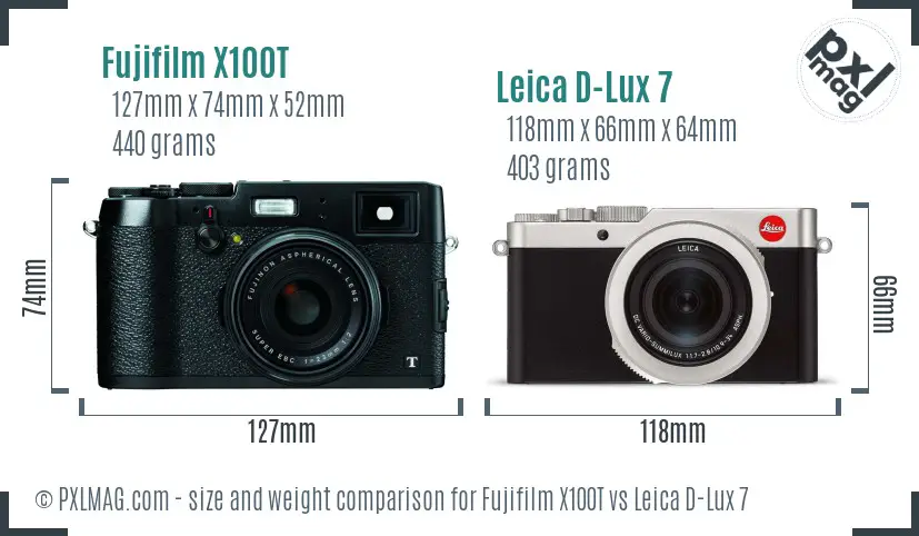 Fujifilm X100T vs Leica D-Lux 7 size comparison