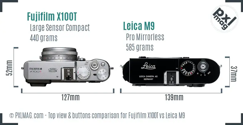 Fujifilm X100T vs Leica M9 top view buttons comparison Fujifilm X100T vs Leica M9 top view buttons comparison