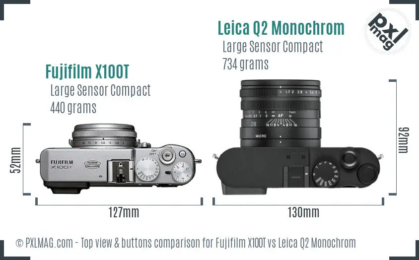 Fujifilm X100T vs Leica Q2 Monochrom top view buttons comparison
