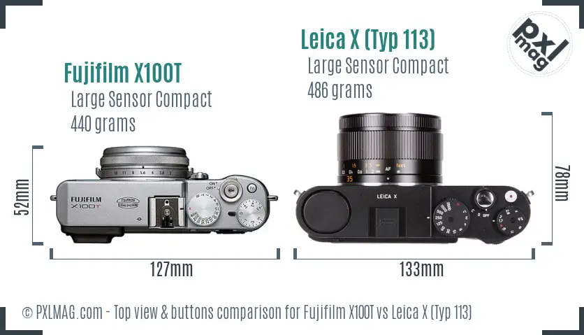 Fujifilm X100T vs Leica X (Typ 113) top view buttons comparison