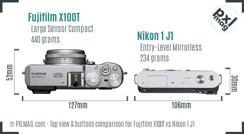 Fujifilm X100T vs Nikon 1 J1 top view buttons comparison Fujifilm X100T vs Nikon 1 J1 top view buttons comparison