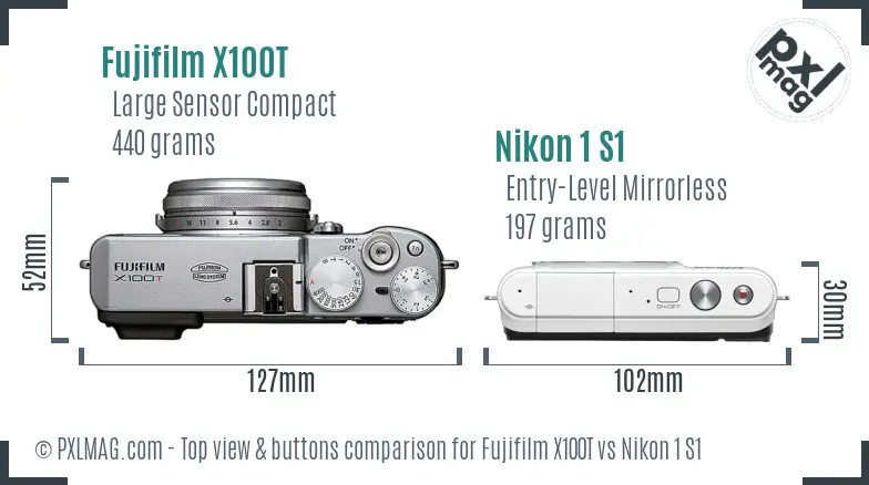 Fujifilm X100T vs Nikon 1 S1 top view buttons comparison