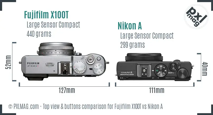 Fujifilm X100T vs Nikon A top view buttons comparison