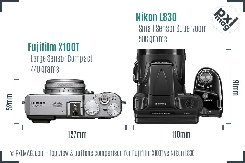 Fujifilm X100T vs Nikon L830 top view buttons comparison Fujifilm X100T vs Nikon L830 top view buttons comparison