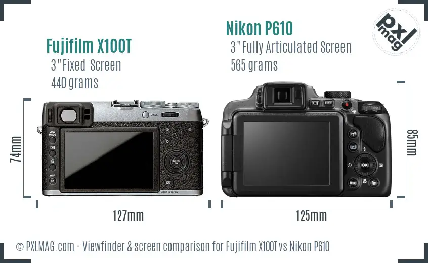 Fujifilm X100T vs Nikon P610 Screen and Viewfinder comparison