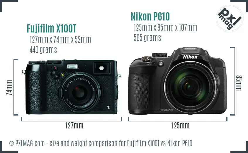 Fujifilm X100T vs Nikon P610 size comparison