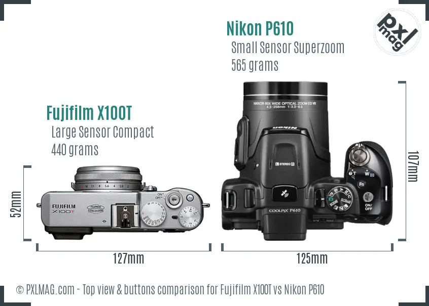 Fujifilm X100T vs Nikon P610 top view buttons comparison