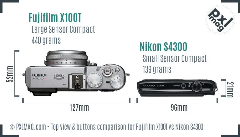 Fujifilm X100T vs Nikon S4300 top view buttons comparison