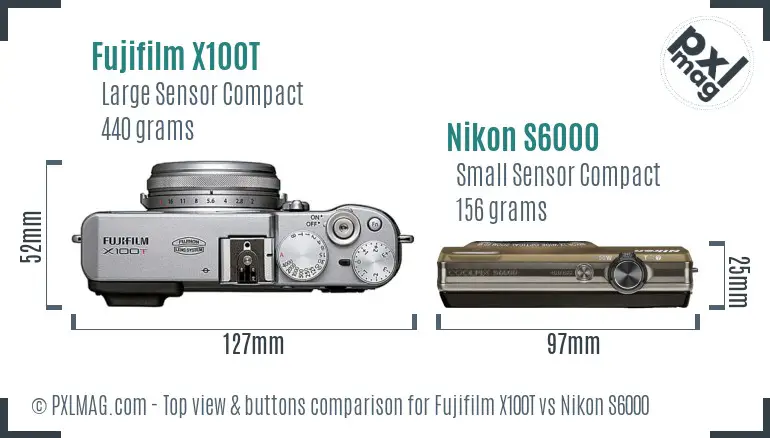 Fujifilm X100T vs Nikon S6000 top view buttons comparison Fujifilm X100T vs Nikon S6000 top view buttons comparison