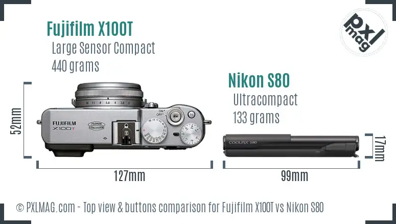 Fujifilm X100T vs Nikon S80 top view buttons comparison Fujifilm X100T vs Nikon S80 top view buttons comparison