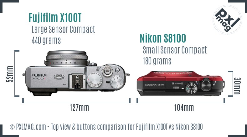 Fujifilm X100T vs Nikon S8100 top view buttons comparison
