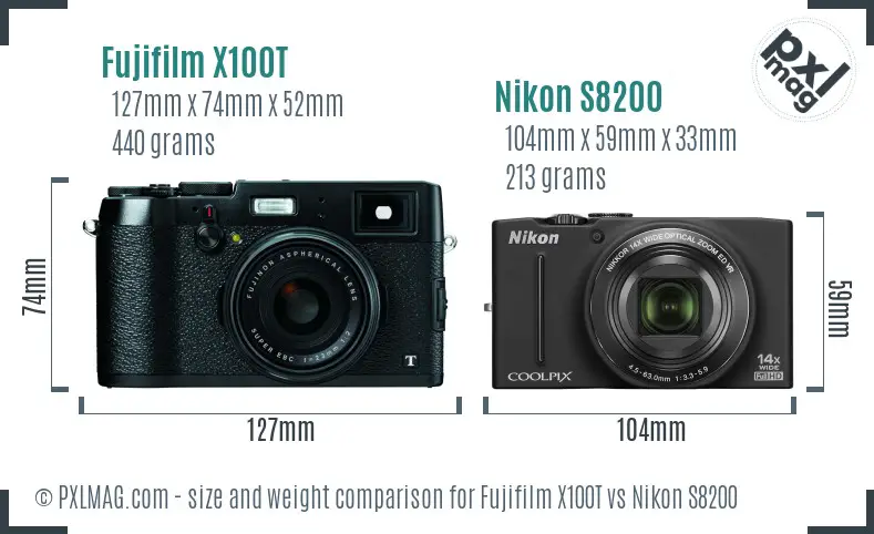 Fujifilm X100T vs Nikon S8200 size comparison