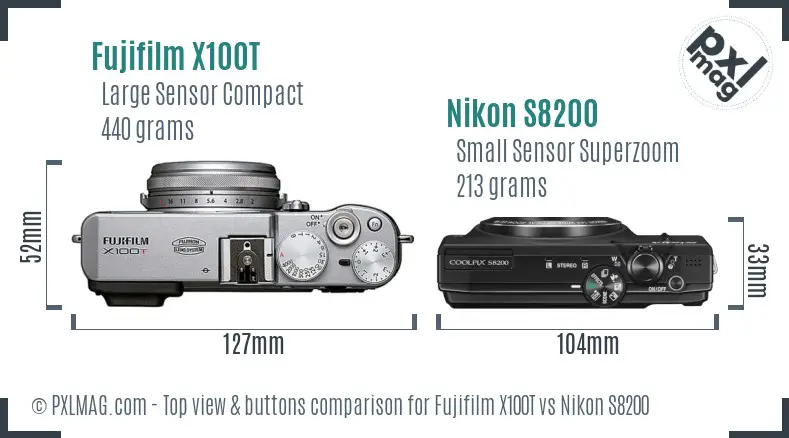 Fujifilm X100T vs Nikon S8200 top view buttons comparison