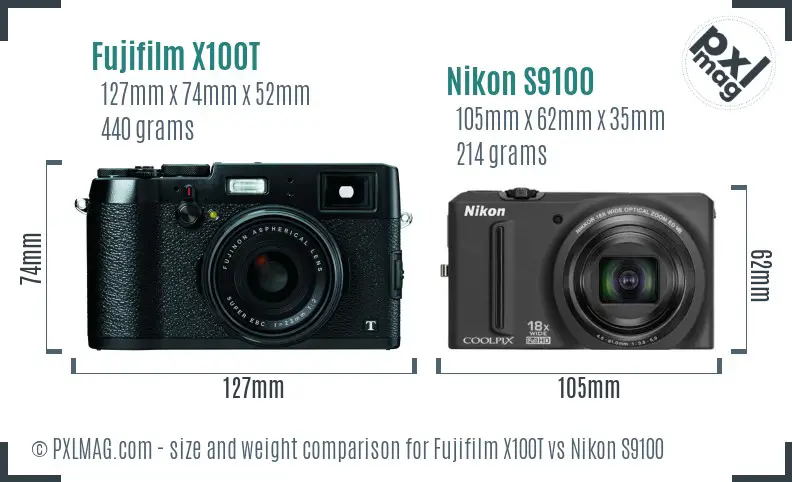 Fujifilm X100T vs Nikon S9100 size comparison Fujifilm X100T vs Nikon S9100 size comparison
