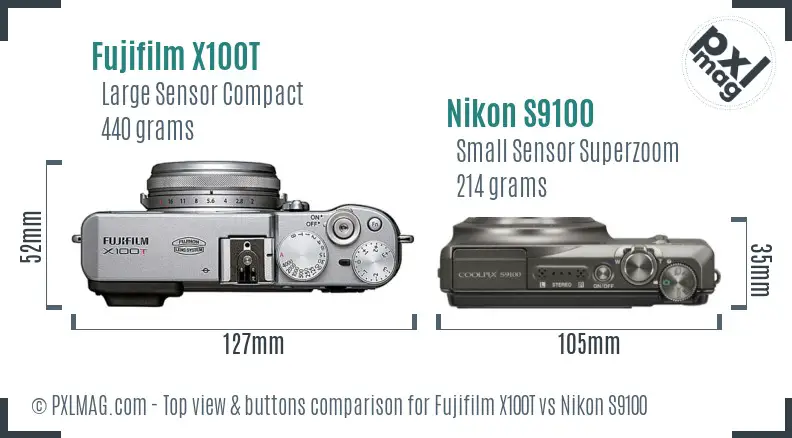 Fujifilm X100T vs Nikon S9100 top view buttons comparison Fujifilm X100T vs Nikon S9100 top view buttons comparison