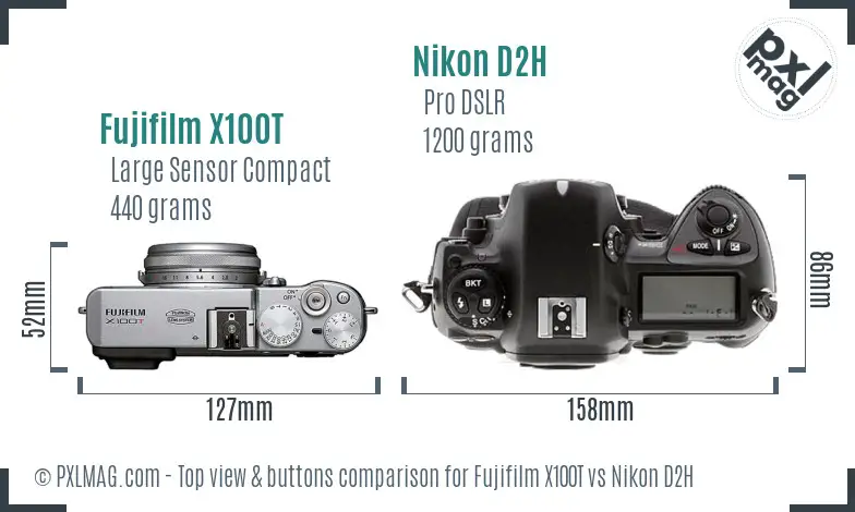 Fujifilm X100T vs Nikon D2H top view buttons comparison