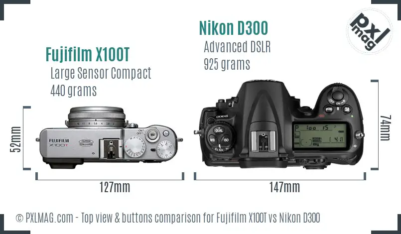 Fujifilm X100T vs Nikon D300 top view buttons comparison