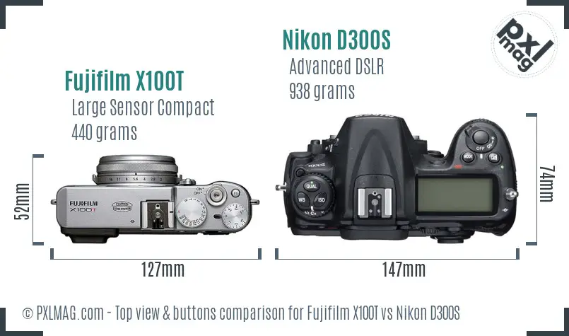 Fujifilm X100T vs Nikon D300S top view buttons comparison