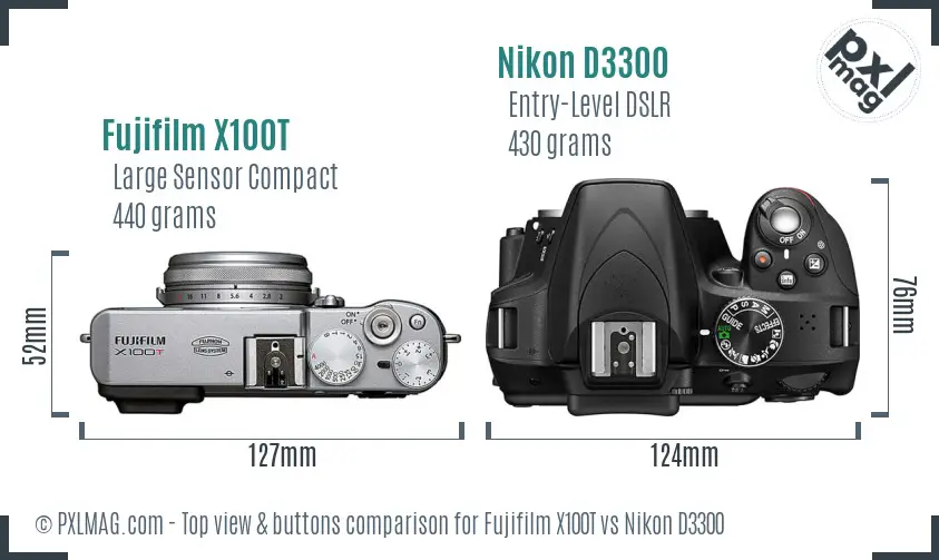 Fujifilm X100T vs Nikon D3300 top view buttons comparison Fujifilm X100T vs Nikon D3300 top view buttons comparison