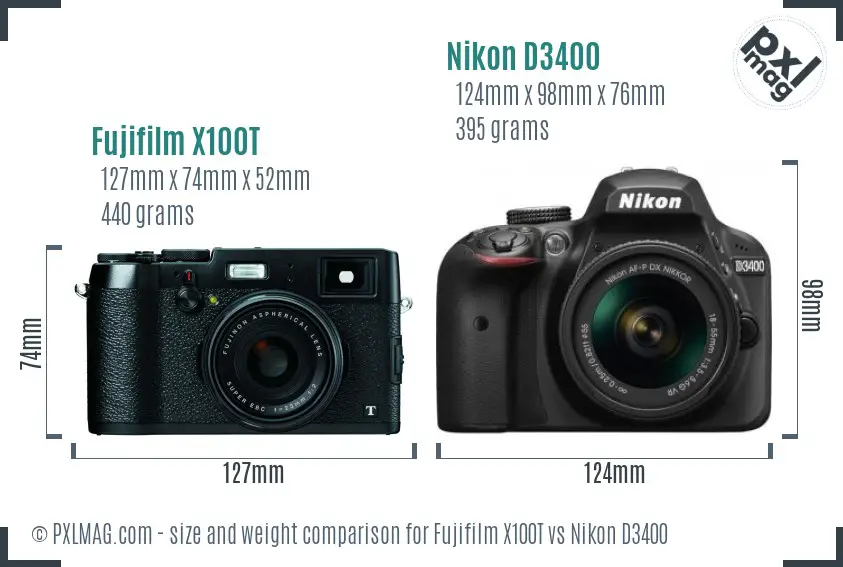 Fujifilm X100T vs Nikon D3400 size comparison Fujifilm X100T vs Nikon D3400 size comparison