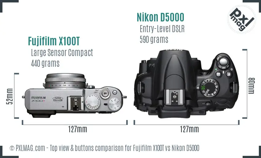 Fujifilm X100T vs Nikon D5000 top view buttons comparison Fujifilm X100T vs Nikon D5000 top view buttons comparison