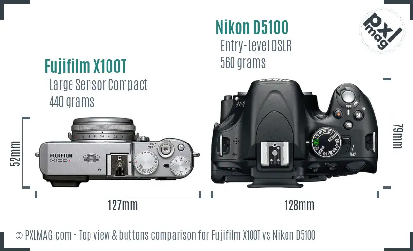 Fujifilm X100T vs Nikon D5100 top view buttons comparison