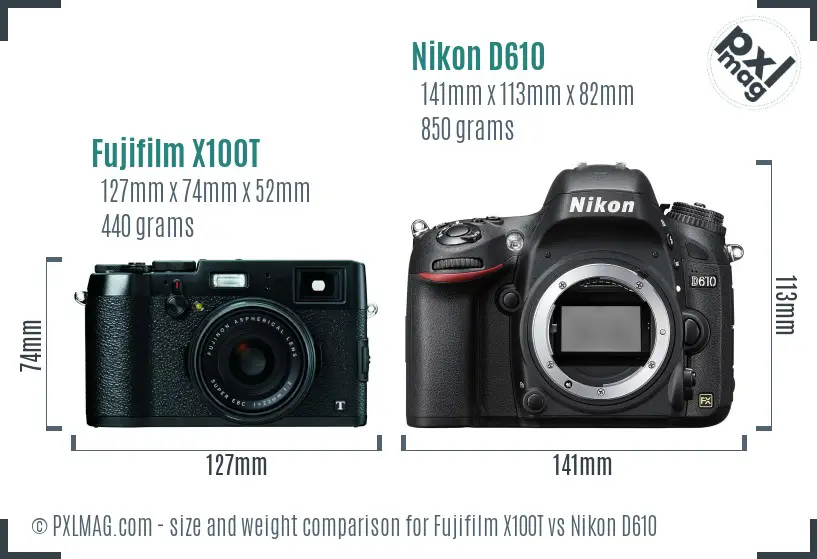 Fujifilm X100T vs Nikon D610 size comparison