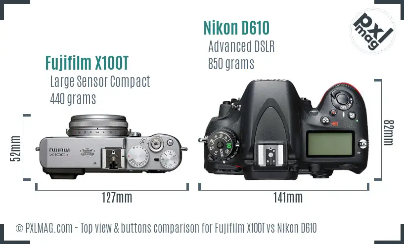 Fujifilm X100T vs Nikon D610 top view buttons comparison