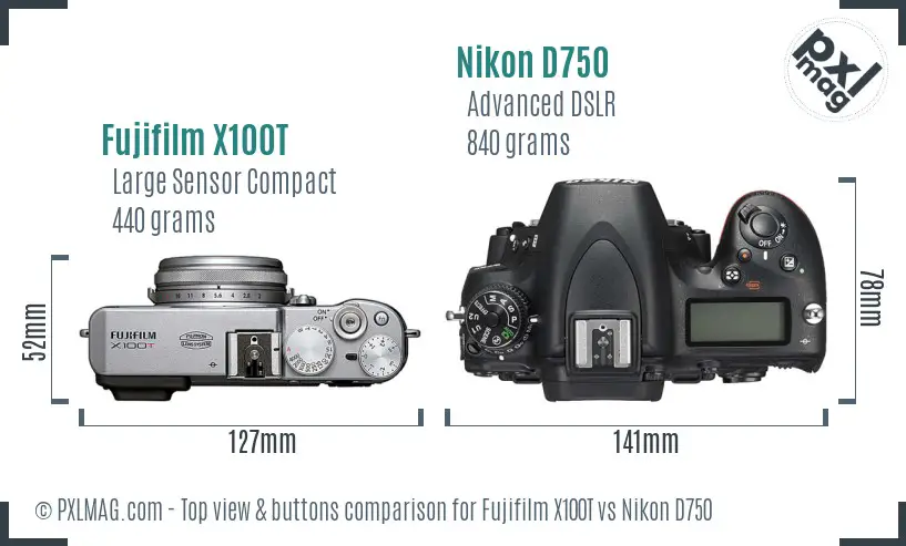 Fujifilm X100T vs Nikon D750 top view buttons comparison