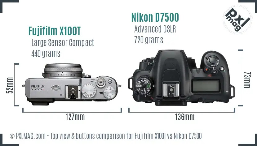 Fujifilm X100T vs Nikon D7500 top view buttons comparison
