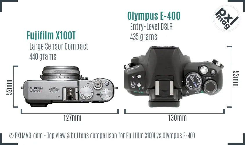 Fujifilm X100T vs Olympus E-400 top view buttons comparison