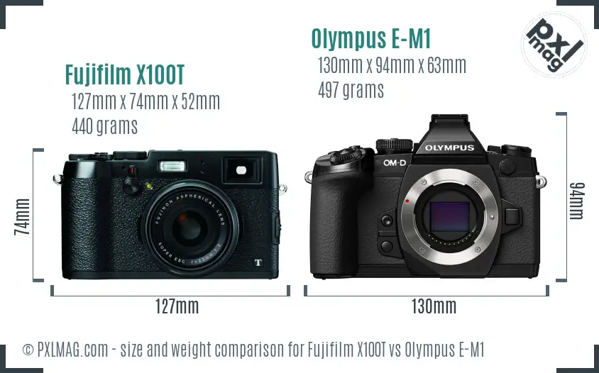 Fujifilm X100T vs Olympus E-M1 size comparison Fujifilm X100T vs Olympus E-M1 size comparison