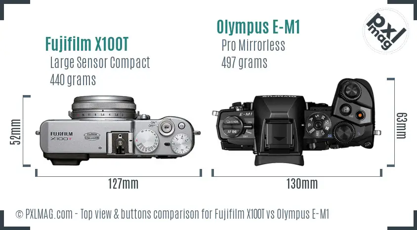 Fujifilm X100T vs Olympus E-M1 top view buttons comparison Fujifilm X100T vs Olympus E-M1 top view buttons comparison