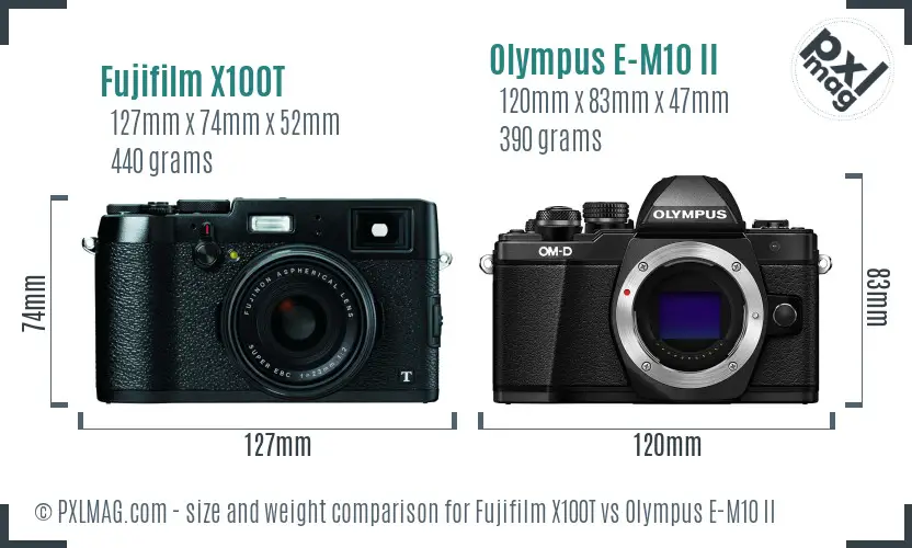 Fujifilm X100T vs Olympus E-M10 II size comparison