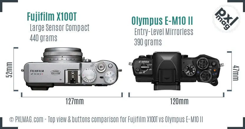 Fujifilm X100T vs Olympus E-M10 II top view buttons comparison